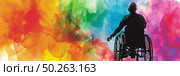A man in a wheelchair positioned in front of a vibrant and colorful backdrop. Стоковое AI-изображение, AI-художник Данила Большаков / Фотобанк Лори