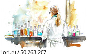 A woman is standing in front of a counter filled with various bottles. Стоковое AI-изображение, AI-художник Данила Большаков / Фотобанк Лори