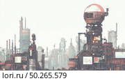Futuristic illustration in the style of cyberpunk/retrofuturism depicts a large-scale industrial metropolis with many complex structures, pipes, towers and domed structures. The architecture of the city is filled with technogenic elements reminiscent of old industrial zones, but with a touch of science fiction. The color palette is maintained in muted tones with a predominance of gray, rusty red and metallic. The image is perfect for use in sci-fi themes, urban design, computer games, technological concepts and visualizations of the future. Стоковое AI-изображение, AI-художник Анна Кривицкая / Фотобанк Лори