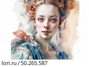 Watercolor portrait of a young woman in a vintage or historical style. Her gaze is directed straight at the viewer - it is calm, deep and a little dreamy. The girl is dressed in 18th century clothes with lace and ribbons, adorned with long earrings with stones. The palette of the image is soft, pastel, with a predominance of blue and flesh tones. The painting is done in an artistic manner with elements of romanticism and sophistication. Ideal for themes: art, female beauty, fashion history, vintage, retro. Стоковое AI-изображение, AI-художник Анна Кривицкая / Фотобанк Лори