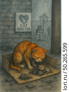 A touching illustration, done in watercolor, depicts a ginger cat, who has carefully sheltered her kittens in a cardboard box in the pouring rain. In the background, you can see the building of an animal shelter with a sign "Cat Shelter" and a donation box. Silhouettes of people can be seen through the fence. The illustration conveys deep feelings of compassion, motherly love, loneliness and hope. Suitable for social and charitable projects, themes of animal protection, helping the homeless and supporting shelters. Стоковое AI-изображение, AI-художник Анна Кривицкая / Фотобанк Лори