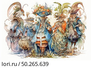 A watercolour fantasy illustration with anthropomorphic birds in luxurious baroque attire. Each creature is dressed in an exquisite costume with feathers, curls, ribbons and decorative elements in the spirit of the 18th century. The composition is reminiscent of a fairy-tale ball or masquerade, where aristocratic birds have gathered for a solemn event. The illustration is made in pastel and watercolour tones, with great attention to detail, which gives it a special artistic charm. Стоковое AI-изображение, AI-художник Анна Кривицкая / Фотобанк Лори