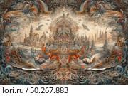 A fantastic illustration in the style of a detailed fairy-tale engraving, depicting a mythical city, drowning in ornaments, fantastic creatures and architectural wonders. The composition is symmetrical, saturated with elements of Slavic and European fantasy - from majestic castles and towers to dragons, birds, flying creatures and fantastic beasts. In the center is an arch or throne, surrounded by a whirlwind of heroes and symbols. The color scheme is warm ochers, restrained blues and mother-of-pearl shades. The image is ideal for use in books, games, postcard design, posters and fantasy projects. Стоковое AI-изображение, AI-художник Анна Кривицкая / Фотобанк Лори
