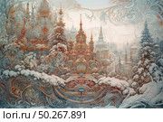 A fantastic winter illustration with architectural motifs inspired by Russian architecture. In the center of the composition is a fairy-tale palace with many towers, domes and decorative elements, surrounded by snow-covered trees and forest. Winding patterns, ornate shapes and rich pastel colors create a sense of magic and mystery. The work is done in a decorative, almost engraving style with elements of ornament and fantasy. The atmosphere of the image is reminiscent of Russian folk tales and winter legends. Ideal for themes: fairy-tale architecture, New Year, fantasy, magical worlds, illustrations for books and calendars. Стоковое AI-изображение, AI-художник Анна Кривицкая / Фотобанк Лори