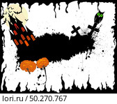 Happy Halloween Greeting Card. Elegant Design With Castle, Bats, Owl, Grave and Cemetery, Tree Over Grunge Orange Background With Ink Blots. Vector illustration. Стоковая иллюстрация, агентство Ingram Publishing / Фотобанк Лори