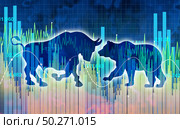 Investing financial symbol with a two business icons representing the bear and bull markets with a stock market chart and ticker investing graph in a 3D illustration style. Стоковое фото, агентство Ingram Publishing / Фотобанк Лори