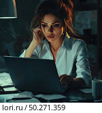 Art illustration of a young woman working on a laptop in a dark room. She is focused, slightly frowning, deep in thought or a tense task. The image conveys the atmosphere of night work, deadlines, stress and concentration. The woman is dressed in a white shirt, surrounded by papers, documents, a cup with a drink. The lighting comes from above from a lamp, creating contrasting shadows and emphasizing her tired but determined expression. A perfect visual for the themes of "working at night", "remote work", "stress", "women in business", "data analysis" and "freelancing". Стоковое AI-изображение, AI-художник Анна Кривицкая / Фотобанк Лори