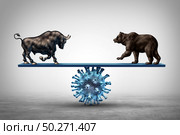 Business see saw and disease and economic pandemic outbreak and Stock market virus fear or bull and bear economy on a see saw concept with 3D illustration elements. Стоковое фото, агентство Ingram Publishing / Фотобанк Лори