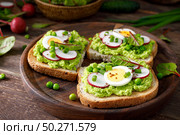 Sandwiches with wholemeal bread, hummus or puree of fresh green peas, radish, cucumber, boiled egg, green onion and chard. Стоковое фото, агентство Ingram Publishing / Фотобанк Лори