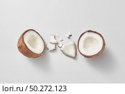 Set from freshly brocken ripe natural organic exotic coconut fruit on a light grey background with soft shadows and copy space. Vegan concept. Top view.. Two halves of fresh natural organic coconut fruit on a light grey background. Стоковое фото, агентство Ingram Publishing / Фотобанк Лори
