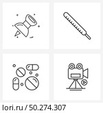 Set of 4 Line Icon Signs and Symbols of pin, medical, stationary, hot, camcorder Vector Illustration. Стоковая иллюстрация, агентство Ingram Publishing / Фотобанк Лори