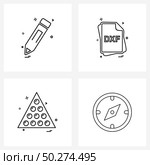Stock Vector Icon Set of 4 Line Symbols for pen, balls racked, writing, file type , billiard set Vector Illustration. Стоковая иллюстрация, агентство Ingram Publishing / Фотобанк Лори