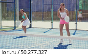 Athletic women play team games in the summer. Woman with other players on the court playing paddle tennis. Стоковое видео, видеограф Яков Филимонов / Фотобанк Лори