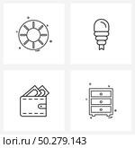 Modern Style Set of 4 line Pictograph Grid based fruits, money, fruit , seafood, wallet Vector Illustration. Стоковая иллюстрация, агентство Ingram Publishing / Фотобанк Лори