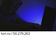 Hacker at Laptop Hacking Internet on Blue Background. Стоковое видео, видеограф Igor Skripachev / Фотобанк Лори