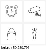 4 Editable Vector Line Icons and Modern Symbols of alarm, shopping, camcorder, bag, carrot Vector Illustration. Стоковая иллюстрация, агентство Ingram Publishing / Фотобанк Лори