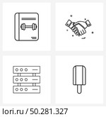 4 Universal Line Icons for Web and Mobile gym, network, dumbbell, meet, food Vector Illustration. Стоковая иллюстрация, агентство Ingram Publishing / Фотобанк Лори