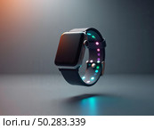 Умные часы, парящие в воздухе на сером фоне. Стоковое AI-изображение, AI-художник Наталия Ануфриева / Фотобанк Лори
