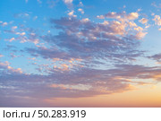 Sunrise with light cirrus clouds in soft orange and pink tones, with the sun on the horizon. Стоковое фото, фотограф Коханова Наталья / Фотобанк Лори