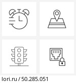 Set of 4 Line Icon Signs and Symbols of stopwatch, city, home location, traffic, lock Vector Illustration. Стоковая иллюстрация, агентство Ingram Publishing / Фотобанк Лори