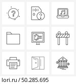 Mobile UI Line Icon Set of 9 Modern Pictograms of reel, file, q mark, directory, music Vector Illustration. Стоковая иллюстрация, агентство Ingram Publishing / Фотобанк Лори