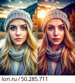 Ingram Filter Comparison: Before and After Photo of Young Woman in Winter Apparel. Generative AI. Стоковое AI-изображение, AI-художник Roman Zavorotny / Фотобанк Лори