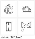 Stock Vector Icon Set of 4 Line Symbols for wring, cloths, heart, vehicle, mail Vector Illustration. Стоковая иллюстрация, агентство Ingram Publishing / Фотобанк Лори