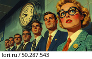 A stylized illustration in the spirit of retro comics from the 1950s and 60s depicts a group of men and one woman in business suits standing in line under a large wall clock. All the characters are looking in the same direction with an expression of anxiety, anticipation or tension. The woman in glasses in the foreground stands out with her emotional reaction. Bright colors, characteristic texture and graphic style give the scene the atmosphere of vintage American advertising, posters or pop art. The image is ideal for the themes of "nostalgia", "corporate culture", "waiting", "time", "crisis" and "retro design". retro. Стоковое AI-изображение, AI-художник Анна Кривицкая / Фотобанк Лори