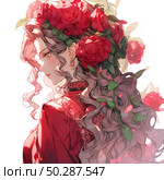 Anime illustration of a girl in profile with long wavy hair decorated with lush red roses and green foliage. She is dressed in an elegant dress of rich scarlet color with lace trim, and delicate earrings with precious stones sparkle on her ear. The white background emphasizes the brightness of the image, creating an emphasis on femininity, sophistication and a floral theme. Perfect for themes of romance, flora, beauty, style, anime and female image. Стоковое AI-изображение, AI-художник Анна Кривицкая / Фотобанк Лори