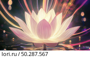 Digital illustration of a glowing lotus floating on the water in a nighttime setting. The flower glows with a soft warm light, and bright abstract lines and color flows flash around it, creating a sense of magic, energy and meditative harmony. Ideal for themes of self-knowledge, meditation, yoga, energy practices and designs related to spirituality and balance. Стоковое AI-изображение, AI-художник Анна Кривицкая / Фотобанк Лори