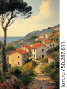 A picturesque oil painting in the impressionist style depicts a southern village by the coast, located on a hilly area overlooking the sea. A narrow path leads between old houses with tiled roofs, surrounded by lush greenery, bushes and pine trees. On the horizon, sailboats are visible, sailing on a calm sea. Warm colors and sunlight create an atmosphere of coziness, serenity and a summer holiday in the Mediterranean. Стоковое AI-изображение, AI-художник Анна Кривицкая / Фотобанк Лори