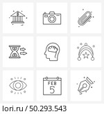 Modern Style Set of 9 line Pictograph Grid based mind, right direction, photo, sand, wait Vector Illustration. Стоковая иллюстрация, агентство Ingram Publishing / Фотобанк Лори