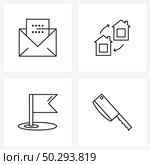 Modern Style Set of 4 line Pictograph Grid based communication, flag, mail, home swap, butcher knife Vector Illustration. Стоковая иллюстрация, агентство Ingram Publishing / Фотобанк Лори