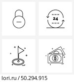 Pixel Perfect Set of 4 Vector Line Icons such as lock, flag, less, hours, flags Vector Illustration. Стоковая иллюстрация, агентство Ingram Publishing / Фотобанк Лори