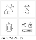 Modern Style Set of 4 line Pictograph Grid based antenna, bin, satellite, smart watch, trash Vector Illustration. Стоковая иллюстрация, агентство Ingram Publishing / Фотобанк Лори