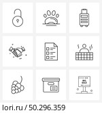 9 Universal Line Icon Pixel Perfect Symbols of file, meet, pet, hands, travelling Vector Illustration. Стоковая иллюстрация, агентство Ingram Publishing / Фотобанк Лори