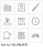 9 Universal Line Icons for Web and Mobile lab, pendulum, bat, sprout, nature Vector Illustration. Стоковая иллюстрация, агентство Ingram Publishing / Фотобанк Лори