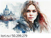Watercolor portrait of a young girl against the backdrop of a European city with a majestic cathedral by the water. Her gaze is direct, confident and a little thoughtful, her hair flutters in the wind. Soft colors and flowing strokes create an atmosphere of lightness, romance and travel. This image is perfect for themes related to art, architecture, tourism, female independence and a dreamy mood. Стоковое AI-изображение, AI-художник Анна Кривицкая / Фотобанк Лори