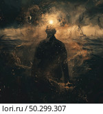 Atmospheric conceptual image in dark and golden-copper tones. The silhouette of a man stands against a cosmic or abstract background, reminiscent of the sea, fog and the universe at the same time. Above his head is a bright light, as a symbol of illumination, enlightenment or inner light. The image conveys a deep philosophical and emotional message - loneliness, the search for meaning, transcendence and the power of the mind. Ideal for projects on self-development, psychology, esotericism and art. Стоковое AI-изображение, AI-художник Анна Кривицкая / Фотобанк Лори