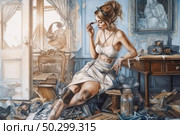 Atmospheric artistic illustration of a girl in a white dress, sitting in a vintage baroque style room, surrounded by clutter and antique objects. She thoughtfully holds a brush or pencil, creating an image of a creative person. The interior resembles an abandoned mansion with elegant furniture, frescoes, paintings and antique details. The aesthetics combine elements of romanticism, decadence and boho, great for themes of art, creativity, nostalgia and self-expression. Стоковое AI-изображение, AI-художник Анна Кривицкая / Фотобанк Лори