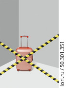 Pink suitcase for traveling standing after crossed warning lines on the background of gray corner, copy space. Prohibition and restriction travels and tourism during quarantine.. Travel suitcase behind crossed forbidden lines in the corner of gray walls. Стоковое фото, агентство Ingram Publishing / Фотобанк Лори
