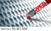 Cancel culture symbol or cultural cancellation and social media censorship as canceling or restricting opinions that are offensive or controversial to the public with 3D illustration elements. Стоковое фото, агентство Ingram Publishing / Фотобанк Лори