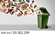 Organic compost waste and composted food and composting pile of rotting kitchen scraps with fruits and vegetable garbage falling into a green bin for natural fertilizer earth with 3D illustration elements. Стоковое фото, агентство Ingram Publishing / Фотобанк Лори
