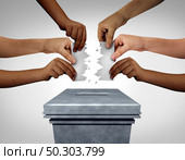 Election crisis and vote problems or voter suppression concept as an election problem for voters at polling places as a symbol of electoral fraud or campaign behavior with 3D illustration elements. Стоковое фото, агентство Ingram Publishing / Фотобанк Лори