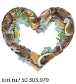 Oysters love as a group of oyster shells with lemon slices and ice as a gourmet food and aphrodisiac isolated on a white background. Стоковое фото, агентство Ingram Publishing / Фотобанк Лори