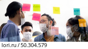 Panorama Interracial asian business team brainstorming idea at office meeting room after reopen due to coronavirus COVID-19. They wear face mask reduce risk to infection as new normal lifestyle. Стоковое фото, агентство Ingram Publishing / Фотобанк Лори