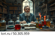 Old Scientist In An Abandoned Laboraatory AI Generative. Стоковое AI-изображение, AI-художник Андрей Скат / Фотобанк Лори