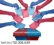 Election day vote and voting concept casting red and blue ballots at a polling station as a democratic right in a democracy as diverse hands holding votes with 3D illustration elements. Стоковое фото, агентство Ingram Publishing / Фотобанк Лори