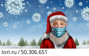 Santa wearing a face mask concept as a Christmas holiday season symbol for health and healthcare disease prevention of coronavirus and covid-19 or flu as snow shaped virus with 3D render elements. Стоковое фото, агентство Ingram Publishing / Фотобанк Лори