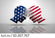 United States debate and US social issues argument or political war as an American culture conflict with two opposing sides as conservative and liberal political dispute and ideology in a 3D illustration style. Стоковое фото, агентство Ingram Publishing / Фотобанк Лори